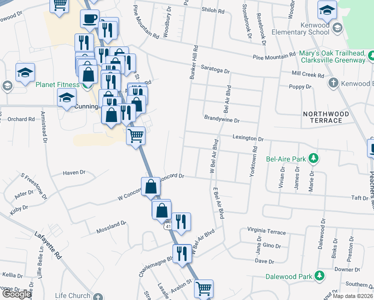 map of restaurants, bars, coffee shops, grocery stores, and more near 2 Donelson Drive in Clarksville
