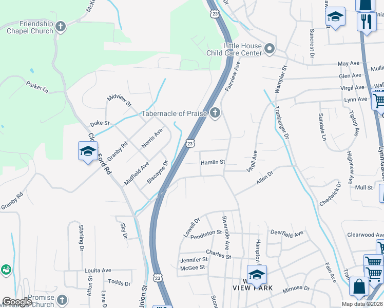 map of restaurants, bars, coffee shops, grocery stores, and more near 708 Gillespie Avenue in Kingsport