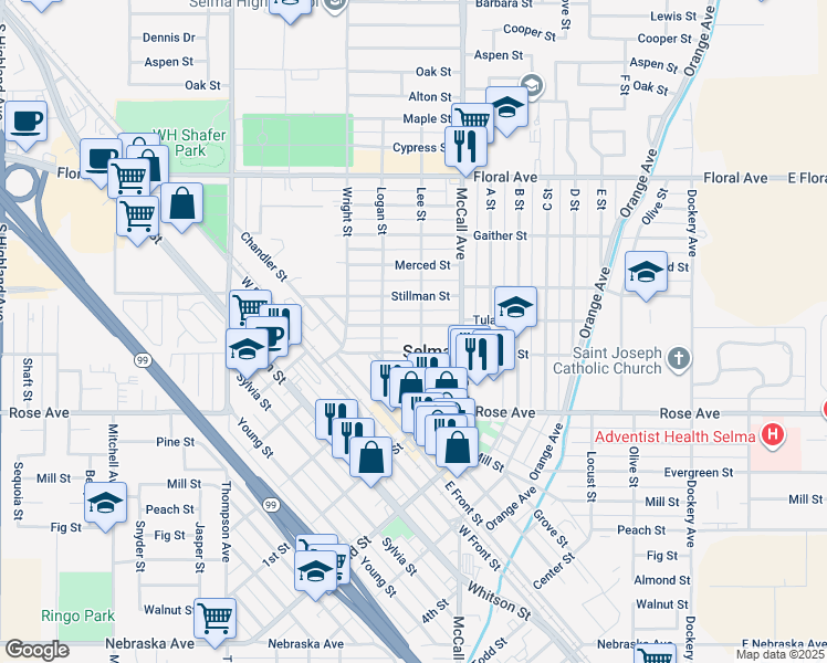 map of restaurants, bars, coffee shops, grocery stores, and more near 2139 Tulare Street in Selma