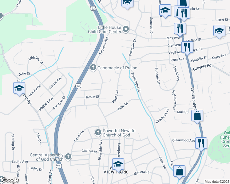 map of restaurants, bars, coffee shops, grocery stores, and more near 476 Virgil Avenue in Kingsport