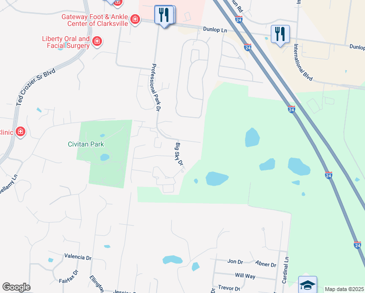 map of restaurants, bars, coffee shops, grocery stores, and more near 830 Professional Park Drive in Clarksville