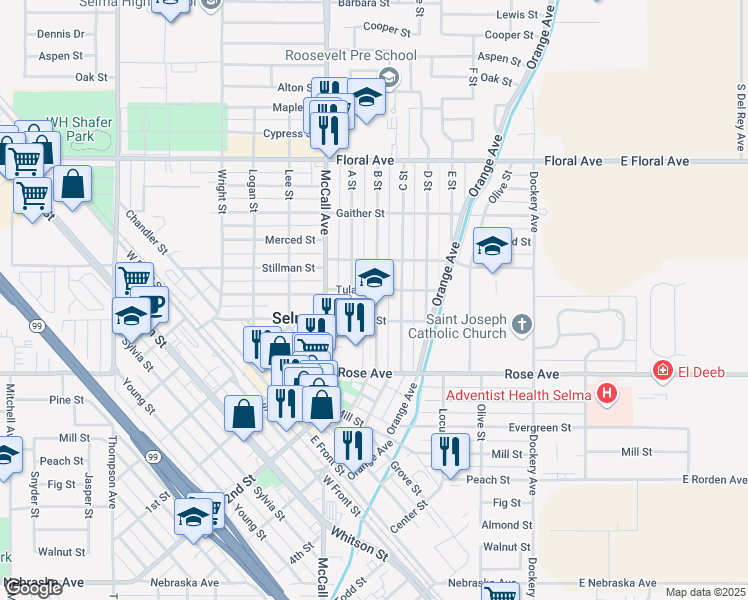 map of restaurants, bars, coffee shops, grocery stores, and more near 2535 B Street in Selma