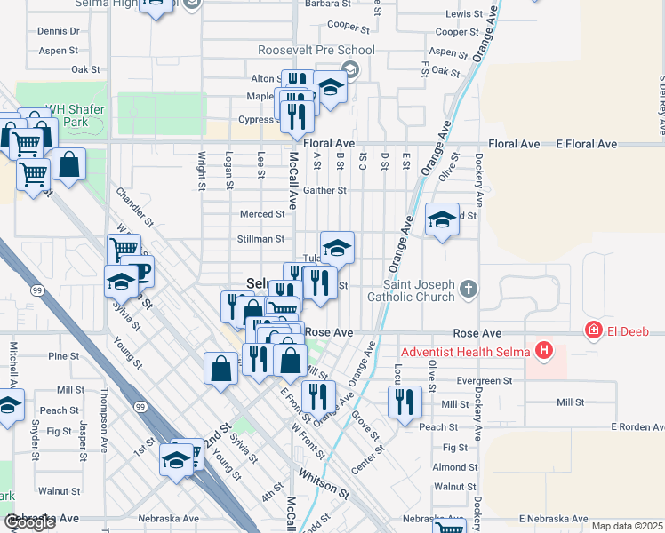 map of restaurants, bars, coffee shops, grocery stores, and more near 2535 B Street in Selma