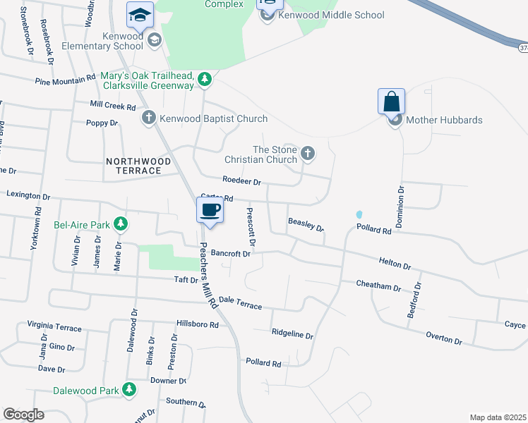 map of restaurants, bars, coffee shops, grocery stores, and more near 402 Helton Drive in Clarksville