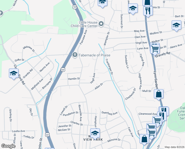 map of restaurants, bars, coffee shops, grocery stores, and more near 476 Virgil Avenue in Kingsport