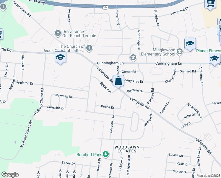 map of restaurants, bars, coffee shops, grocery stores, and more near 359 Ryder Avenue in Clarksville