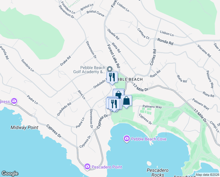 map of restaurants, bars, coffee shops, grocery stores, and more near 3274 Stevenson Drive in Del Monte Forest