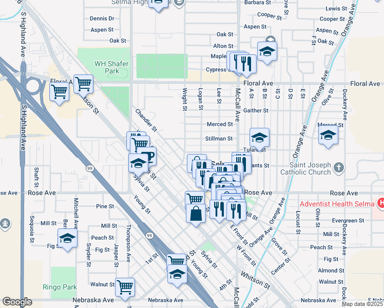 map of restaurants, bars, coffee shops, grocery stores, and more near 2227 Tulare Street in Selma