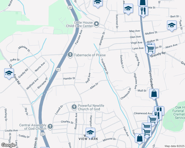map of restaurants, bars, coffee shops, grocery stores, and more near 476 Virgil Avenue in Kingsport