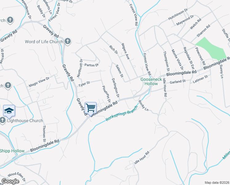 map of restaurants, bars, coffee shops, grocery stores, and more near 130 Darlington Drive in Kingsport