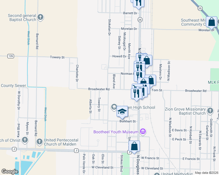 map of restaurants, bars, coffee shops, grocery stores, and more near 1101-1199 Bland Avenue in Malden