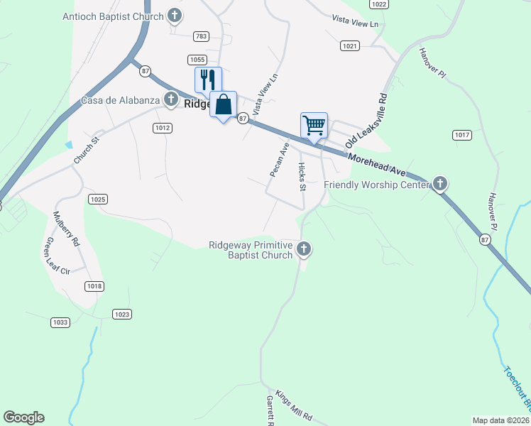 map of restaurants, bars, coffee shops, grocery stores, and more near Lancer Trail Ct in Ridgeway