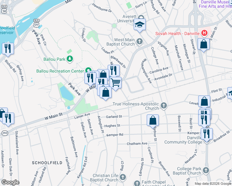 map of restaurants, bars, coffee shops, grocery stores, and more near 607 West Main Street in Danville