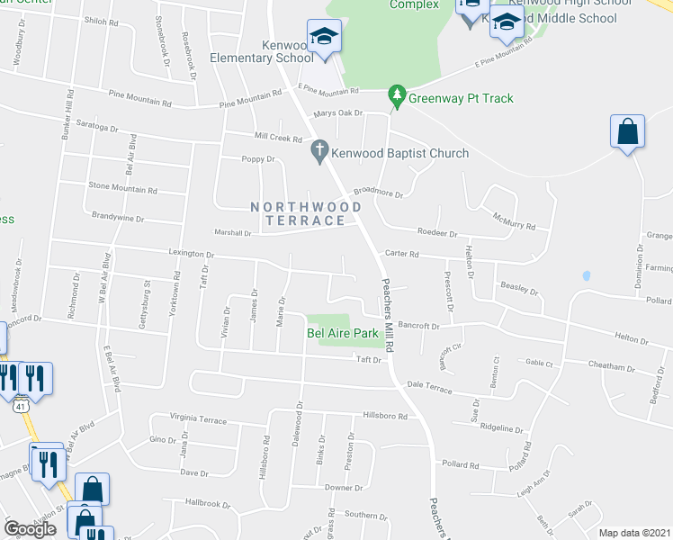 map of restaurants, bars, coffee shops, grocery stores, and more near 200 Lexington Drive in Clarksville