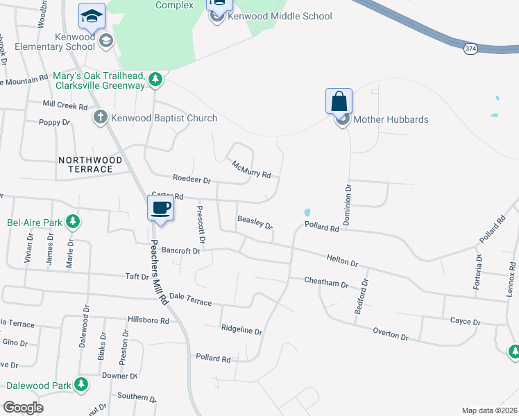 map of restaurants, bars, coffee shops, grocery stores, and more near 416 Carter Road in Clarksville