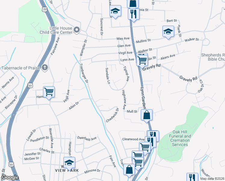 map of restaurants, bars, coffee shops, grocery stores, and more near 841 Tiptop Avenue in Kingsport