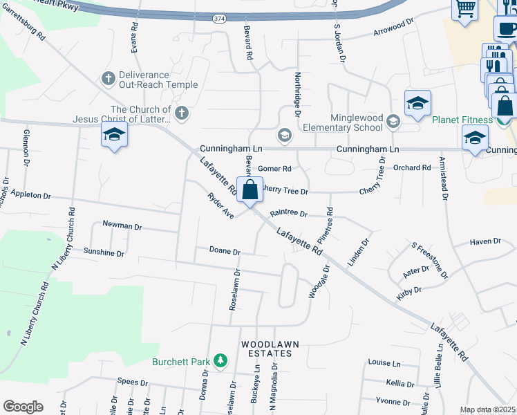 map of restaurants, bars, coffee shops, grocery stores, and more near 637 Lafayette Road in Clarksville