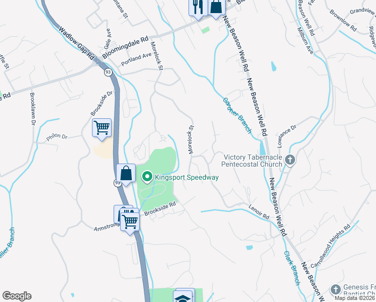 map of restaurants, bars, coffee shops, grocery stores, and more near 385 Morelock Street in Kingsport
