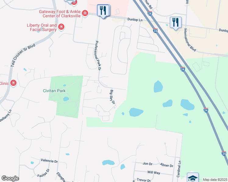 map of restaurants, bars, coffee shops, grocery stores, and more near 830 Professional Park Drive in Clarksville