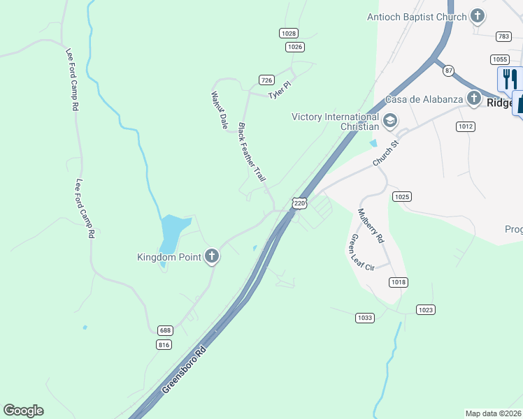 map of restaurants, bars, coffee shops, grocery stores, and more near 100 Lee Ford Camp Road in Ridgeway