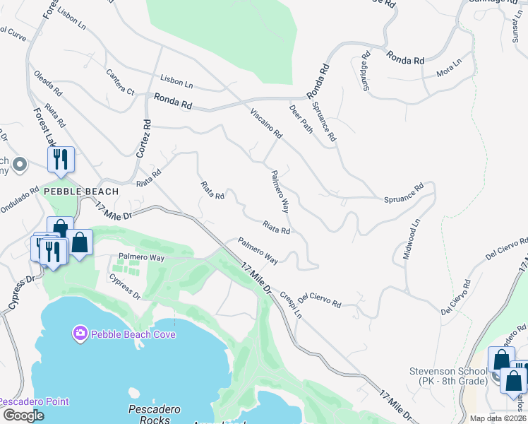 map of restaurants, bars, coffee shops, grocery stores, and more near 1559 Riata Road in Del Monte Forest