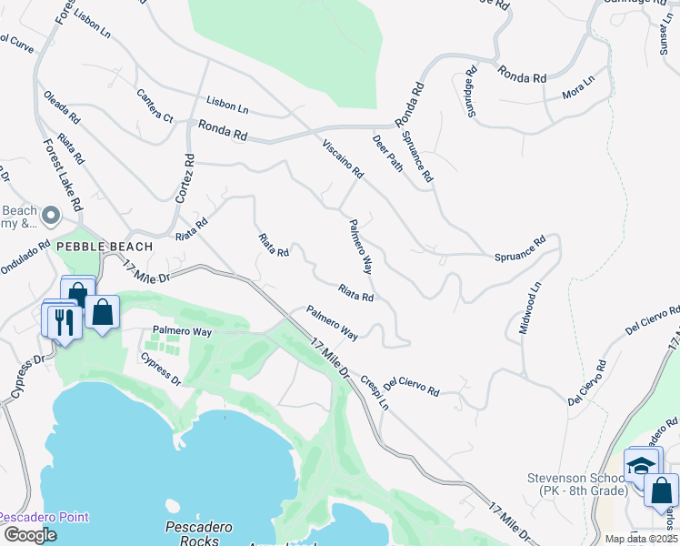 map of restaurants, bars, coffee shops, grocery stores, and more near 1565 Riata Road in Del Monte Forest
