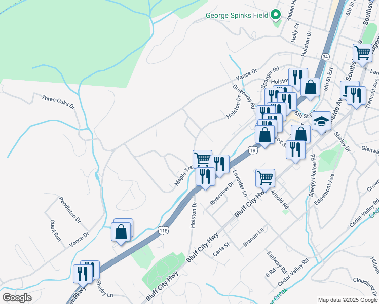 map of restaurants, bars, coffee shops, grocery stores, and more near 1754 Holston Drive in Bristol