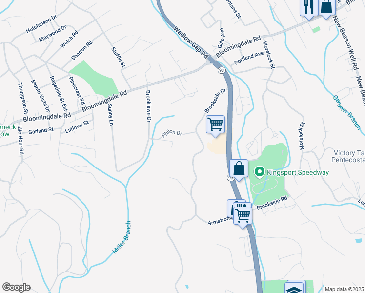 map of restaurants, bars, coffee shops, grocery stores, and more near 300 Brookside Drive in Kingsport