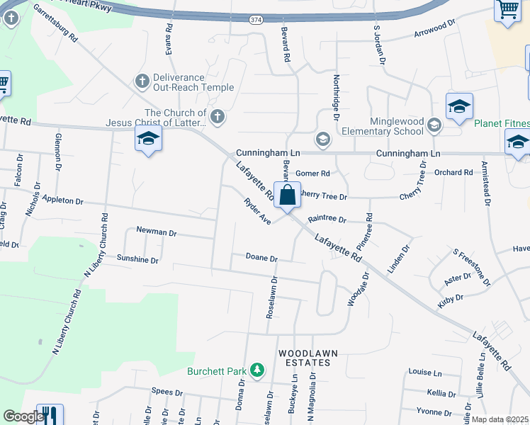 map of restaurants, bars, coffee shops, grocery stores, and more near 359 Ryder Avenue in Clarksville