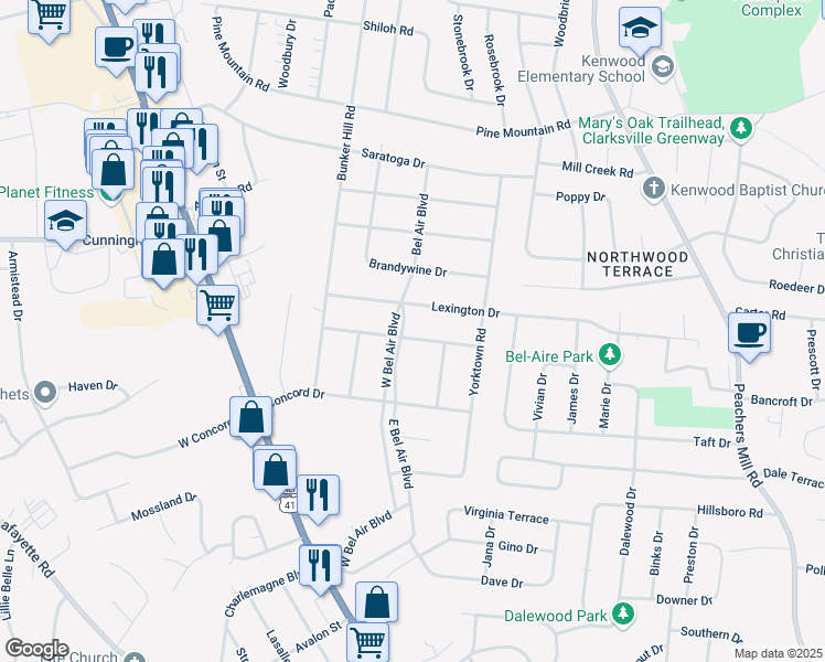 map of restaurants, bars, coffee shops, grocery stores, and more near 55 East Bel Air Boulevard in Clarksville