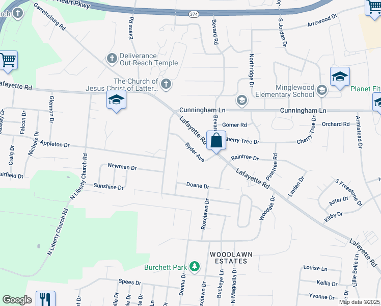 map of restaurants, bars, coffee shops, grocery stores, and more near 364 Ryder Avenue in Clarksville
