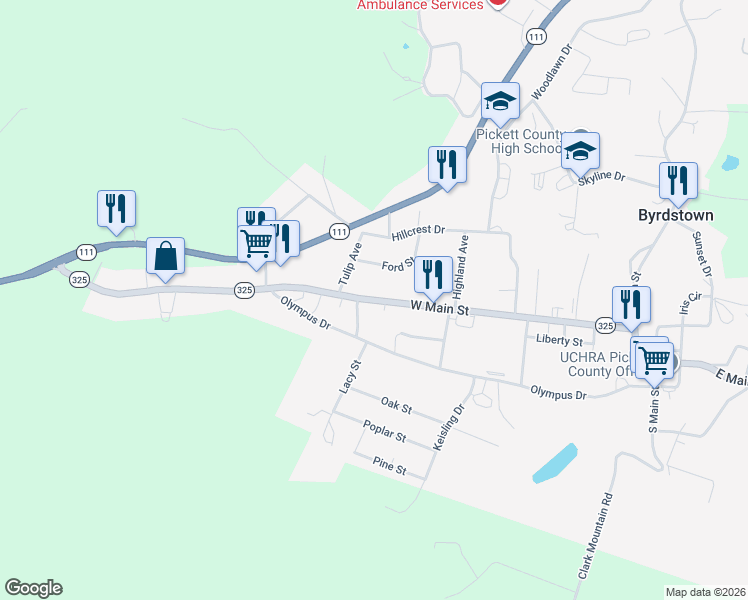map of restaurants, bars, coffee shops, grocery stores, and more near Tennessee 325 in Byrdstown
