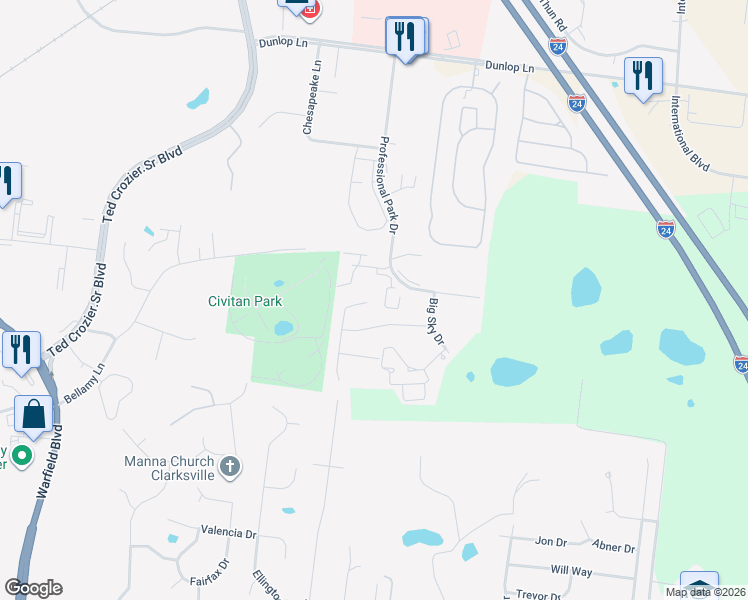 map of restaurants, bars, coffee shops, grocery stores, and more near 2300 Killington Drive in Clarksville