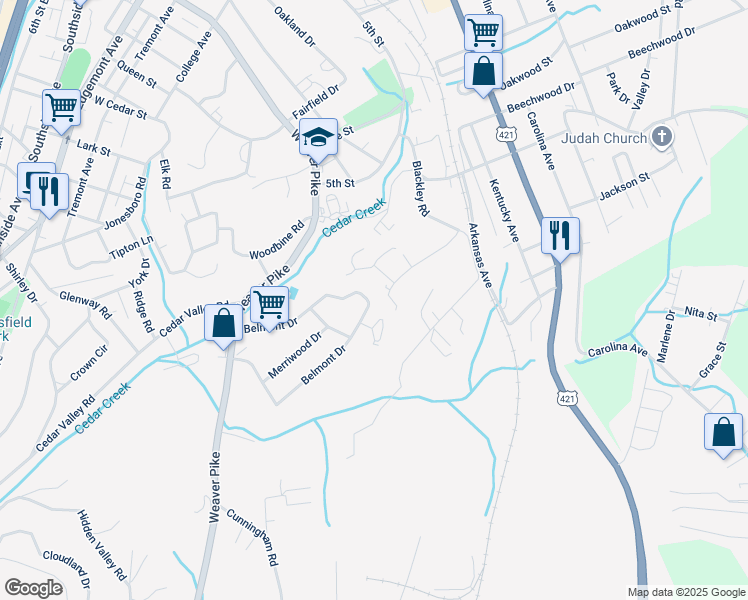 map of restaurants, bars, coffee shops, grocery stores, and more near 345 Belmont Drive in Bristol