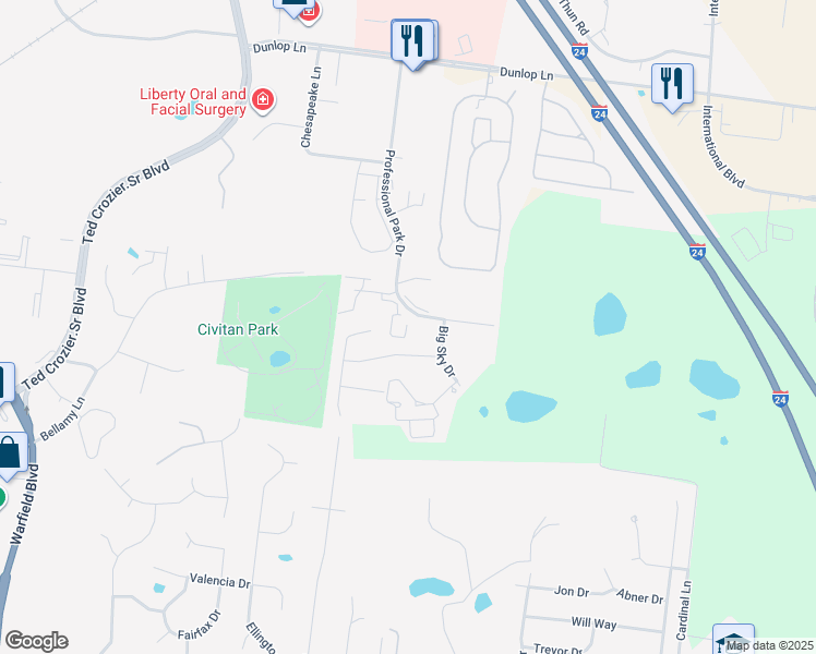 map of restaurants, bars, coffee shops, grocery stores, and more near 850 Professional Park Drive in Clarksville