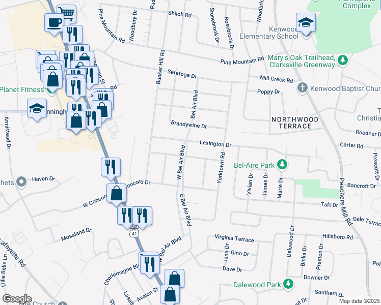map of restaurants, bars, coffee shops, grocery stores, and more near 55 East Bel Air Boulevard in Clarksville