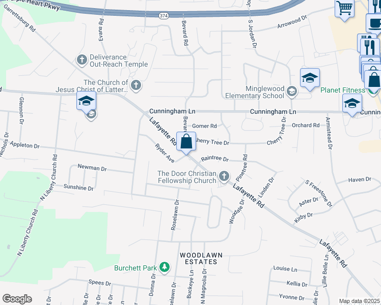 map of restaurants, bars, coffee shops, grocery stores, and more near 637 Lafayette Road in Clarksville