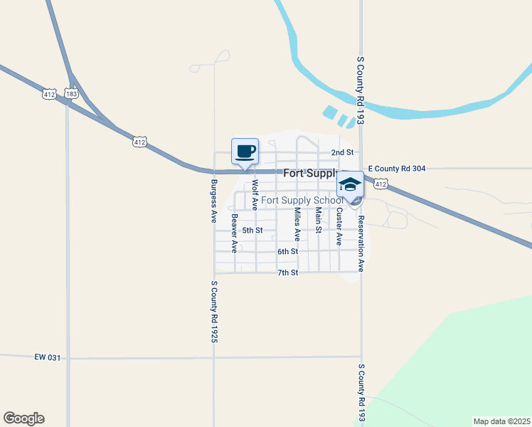 map of restaurants, bars, coffee shops, grocery stores, and more near 400 Sheridan Avenue in Fort Supply