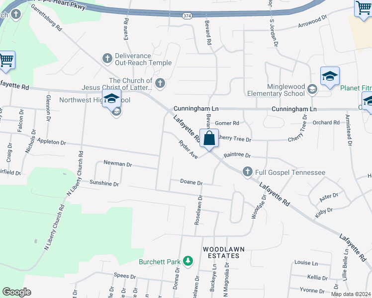 map of restaurants, bars, coffee shops, grocery stores, and more near 364A Ryder Avenue in Clarksville