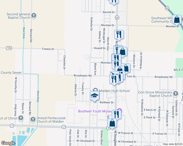 map of restaurants, bars, coffee shops, grocery stores, and more near 1101-1199 Bland Avenue in Malden