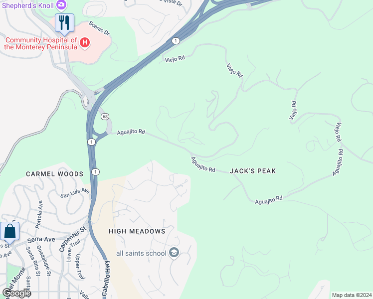 map of restaurants, bars, coffee shops, grocery stores, and more near 24300 Aguajito Road in Carmel-by-the-Sea