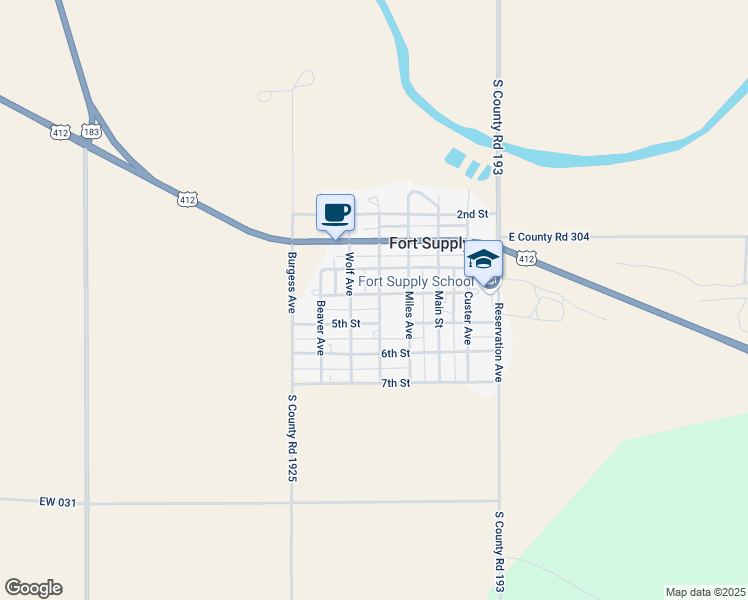 map of restaurants, bars, coffee shops, grocery stores, and more near 400 Sheridan Avenue in Fort Supply