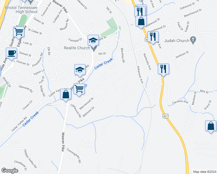 map of restaurants, bars, coffee shops, grocery stores, and more near 345 Belmont Drive in Bristol