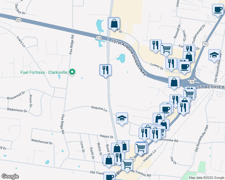 map of restaurants, bars, coffee shops, grocery stores, and more near 2265 Trenton Road in Clarksville