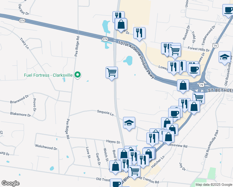 map of restaurants, bars, coffee shops, grocery stores, and more near 2265 Trenton Road in Clarksville