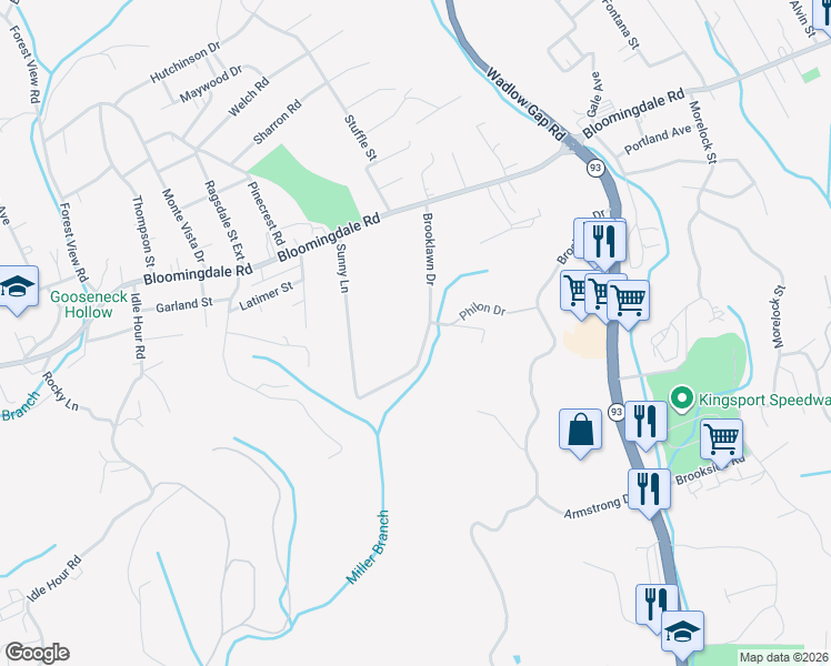 map of restaurants, bars, coffee shops, grocery stores, and more near 168 Brooklawn Drive in Kingsport