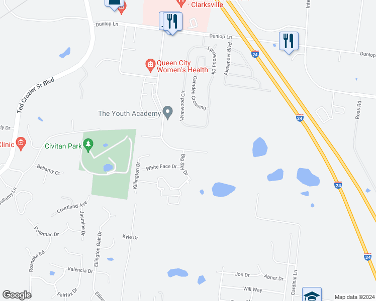 map of restaurants, bars, coffee shops, grocery stores, and more near 830 Professional Park Drive in Clarksville