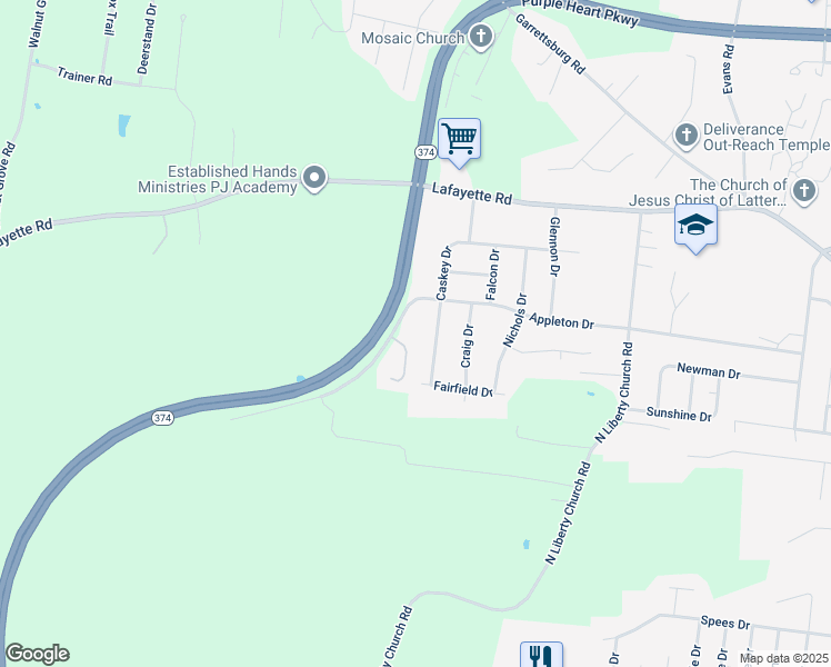 map of restaurants, bars, coffee shops, grocery stores, and more near 581 Caskey Drive in Clarksville