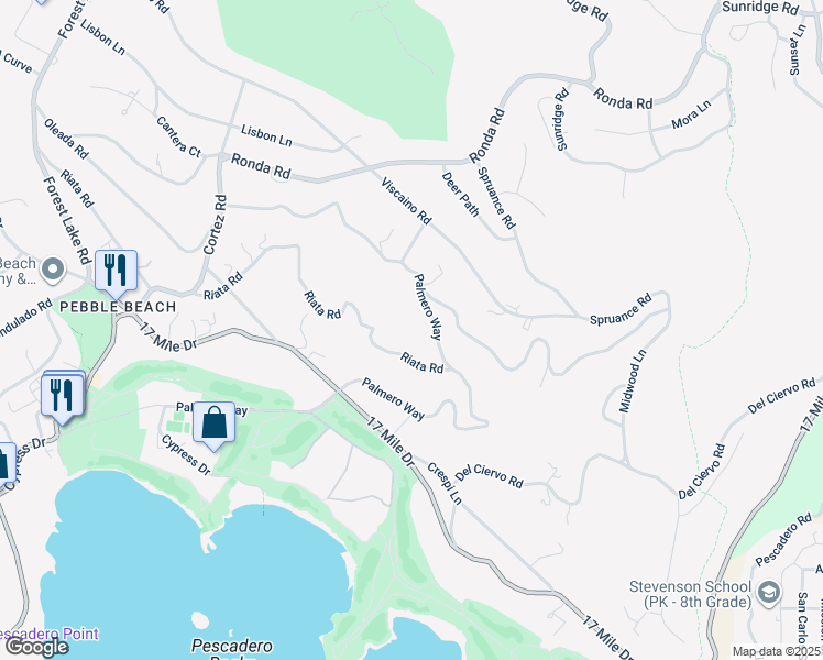 map of restaurants, bars, coffee shops, grocery stores, and more near 1565 Riata Road in Del Monte Forest