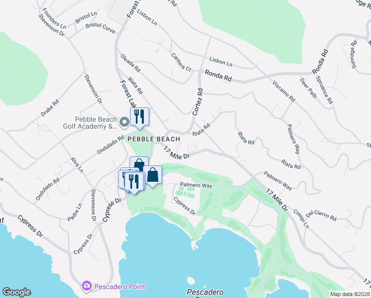 map of restaurants, bars, coffee shops, grocery stores, and more near 3321 17 Mile Drive in Del Monte Forest
